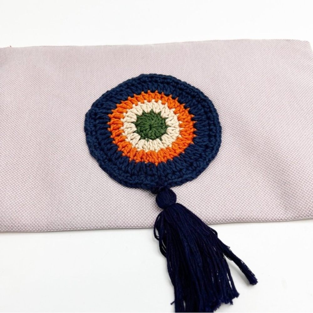 Crochet Detail Tassel Zip Top Catch All Bag